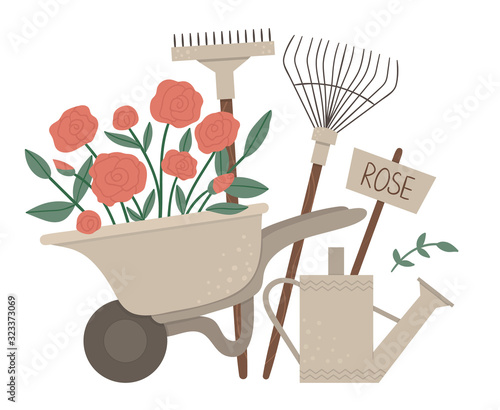 Vector illustration of colorful garden wheel barrow with rose flowers, rakes, watering can. Cartoon style spring or summer picture isolated on white background. Gardening themed concept..