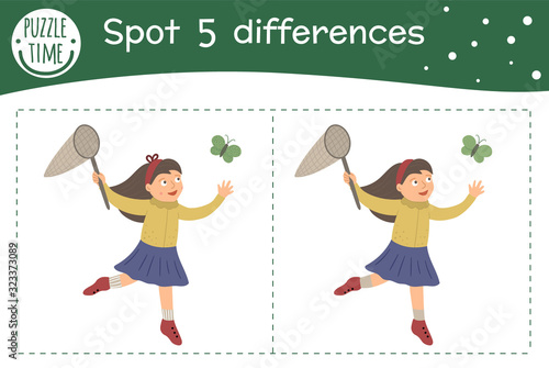 Spring find differences game for children. Garden preschool activity with girl with a net catching butterfly. Puzzle with cute funny smiling characters..