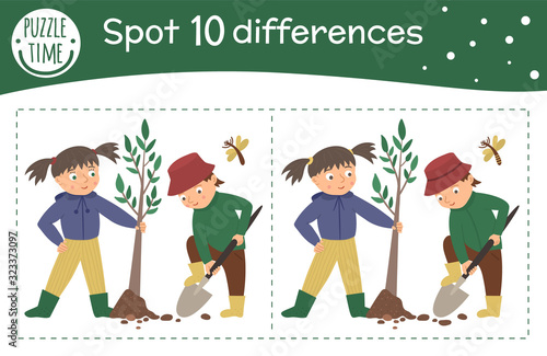 Spring find differences game for children. Garden preschool activity with girl and boy planting tree. Puzzle with cute funny smiling characters..