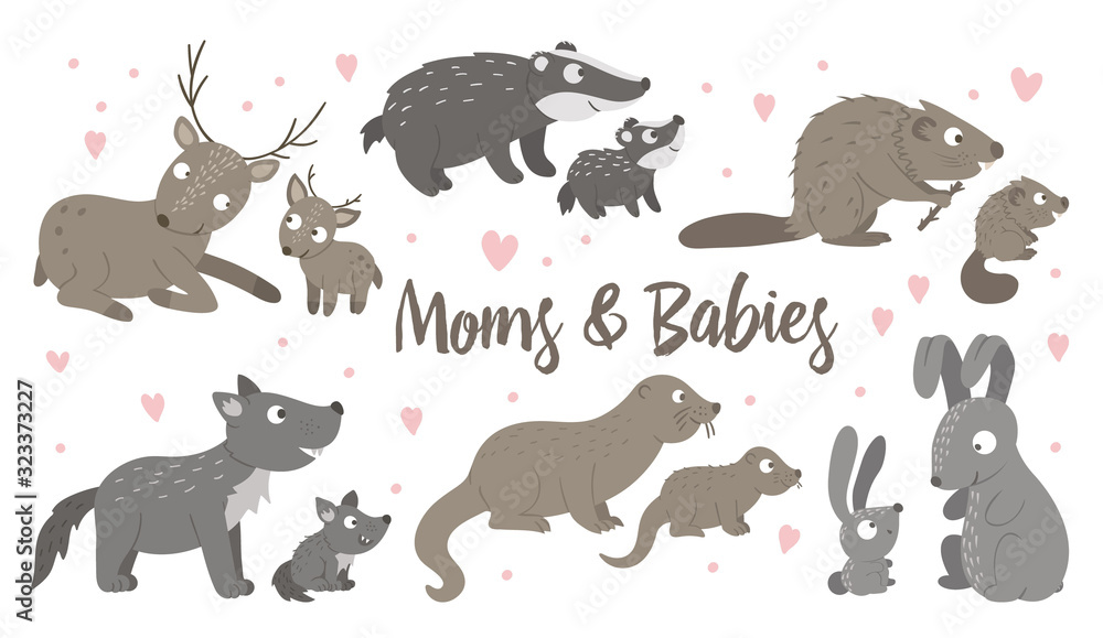 Vector set of hand drawn flat baby animals with parents. Funny woodland  animal scene showing family love. Cute forest animalistic illustration for  Mother's Day design. Stock Vector | Adobe Stock