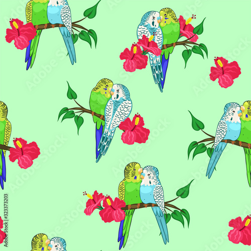Seamless pattern of budgies sitting on branches. Vector graphics.