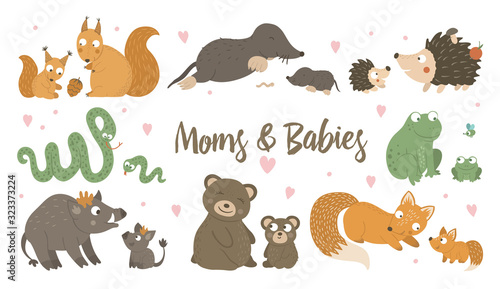 Vector set of hand drawn flat baby animals with parents. Funny woodland animal scene showing family love. Cute forest animalistic illustration for Mother’s Day design.