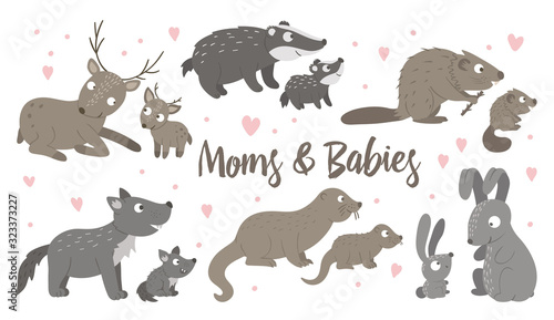 Vector set of hand drawn flat baby animals with parents. Funny woodland animal scene showing family love. Cute forest animalistic illustration for Mother’s Day design.