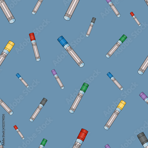 Test tubes. Empty vacuum tubes for several types of analysis of venous blood tests. Seamless vector pattern. An endlessly repeating ornament. Isolated background. Medical topics. Web design, cover.