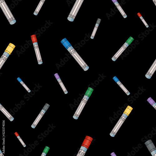 Test tubes. Empty vacuum tubes for several types of analysis of venous blood tests. Seamless vector pattern. An endlessly repeating ornament. Isolated background. Medical topics. Web design, cover.
