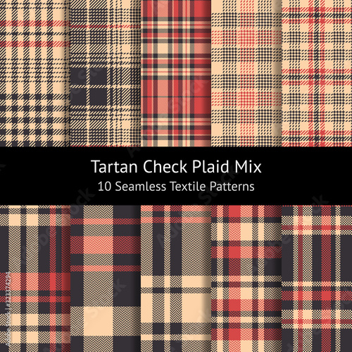 Seamless check plaid pattern set. Coral pink, dark brown, and beige tartan plaid textured graphics for flannel shirt, skirt, blanket, duvet cover, or other modern autumn winter textile design.