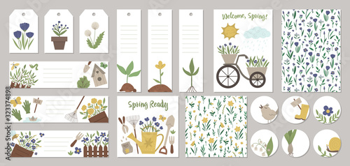 Set of vector spring garden card templates, gift tags, labels, pre-made designs, bookmarks with cute cartoon gardening elements and characters. Funny flat illustration.