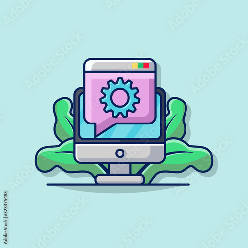 Illustration Vector Graphic of Business Online Support with Computer Monitor, and Pop Up Screen Icon.. Perfect for Business Posters and Presentations