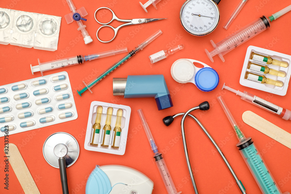 Flat lay of medical tools on colored background Flat lay of medical tools on colored background