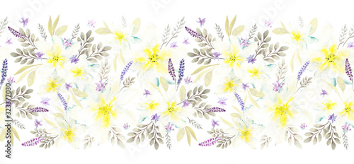 Softness watercolor seamless floral border. Isolated Hand drawn narcissus and abstract purple flowers with leaves on white background. Ornate element for design, card, decoration.