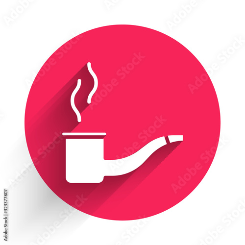 White Smoking pipe with smoke icon isolated with long shadow. Tobacco pipe. Red circle button. Vector Illustration