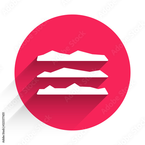 White Strips of cocaine or heroin drug icon isolated with long shadow. Red circle button. Vector Illustration