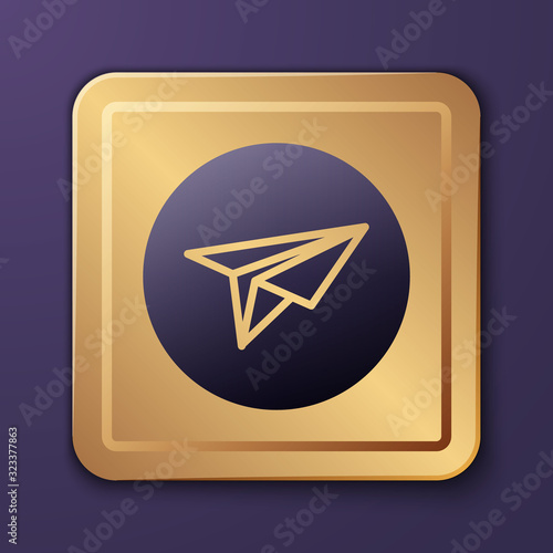 Purple Paper plane icon isolated on purple background. Paper airplane icon. Messenger concept. Gold square button. Vector Illustration