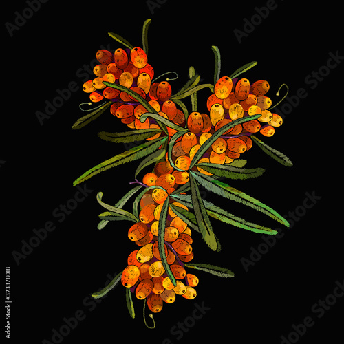 Sea buckthorn berries branch. Embroidery design. Fashion template for design of clothes, tapestry. Autumn garden art