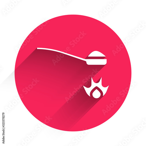 White Heroin in a spoon icon isolated with long shadow. Concept of drug addiction and dependence from the narcotic. Junkie lifestyle. Red circle button. Vector Illustration