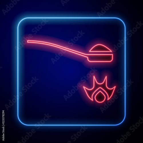 Glowing neon Heroin in a spoon icon isolated on blue background. Concept of drug addiction and dependence from the narcotic. Junkie lifestyle.  Vector Illustration