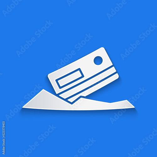 Paper cut Cocaine and credit card icon isolated on blue background. Paper art style. Vector Illustration