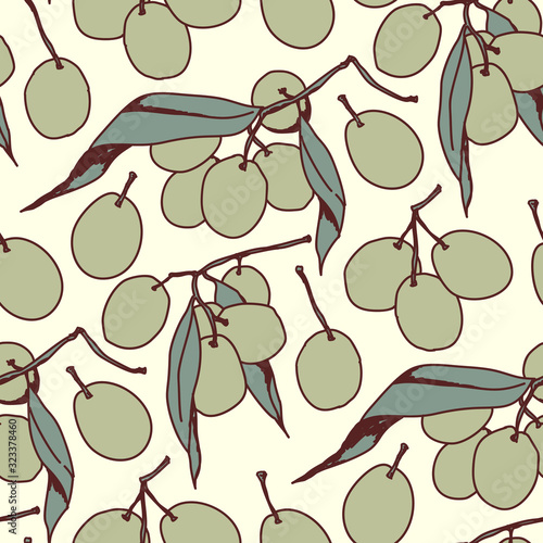 Seamless pattern of hand drawn, graphical olives on branch