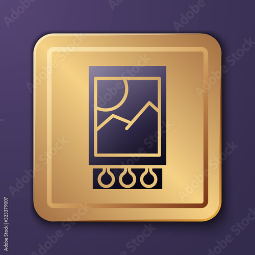 Purple Open matchbox and matches icon isolated on purple background. Gold square button. Vector Illustration