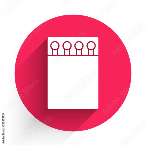 White Open matchbox and matches icon isolated with long shadow. Red circle button. Vector Illustration