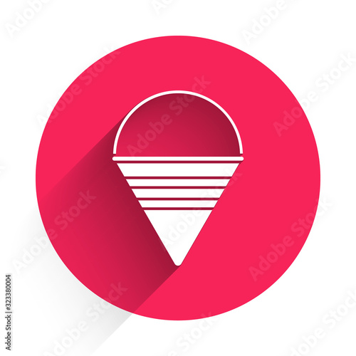 White Fire cone bucket icon isolated with long shadow. Metal cone bucket empty or with water for fire fighting. Red circle button. Vector Illustration