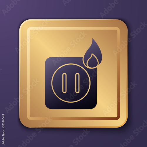 Purple Electric wiring of socket in fire icon isolated on purple background. Electrical safety concept. Plug outlet on fire. Gold square button. Vector Illustration