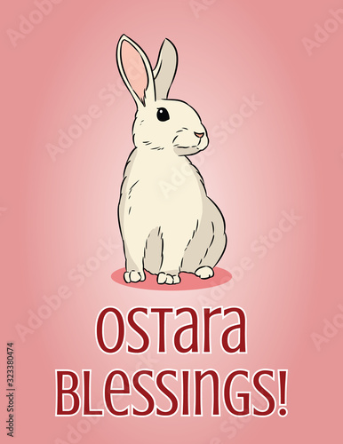 Ostara Blessings pagan holiday postcard. Easter bunny or hare vector illustration.