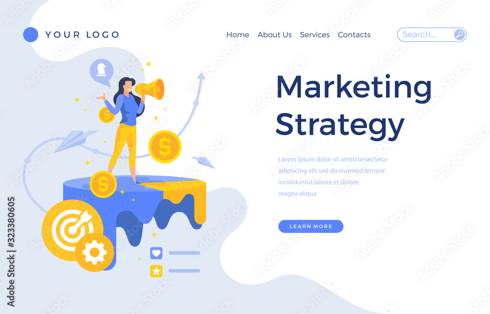 Landing page template marketing strategy concept with office female character Landing page template marketing strategy concept with office female character