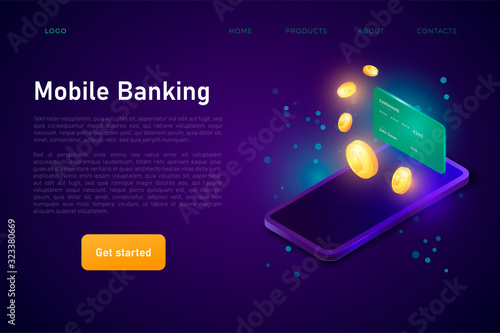 Mobile banking website page template, mobile payments design banner or poster concept.