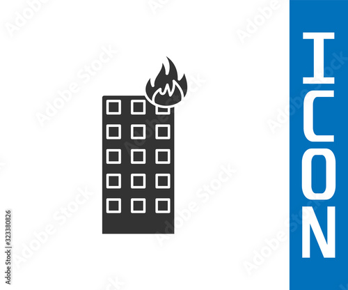 Grey Fire in burning building on city street icon isolated on white background.  Vector Illustration