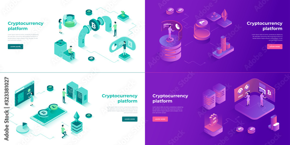 Cryptocurrency exchange and blockchain 3d isometric vector set.