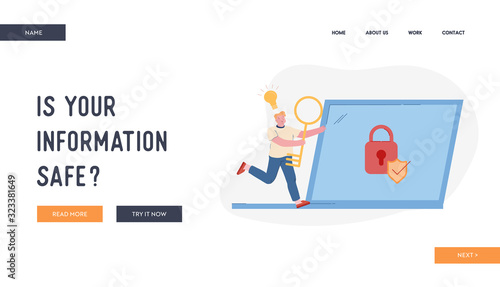 User Remember Lost Account Password Website Landing Page. Happy Man Run with Huge Key in Hands and Glowing Light Bulb above Head to Laptop with Padlock Web Page Banner Cartoon Flat Vector Illustration