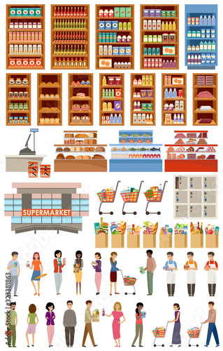 Supermarket. Big store set. Vegetables, fruits, fish, meat, dairy products, people