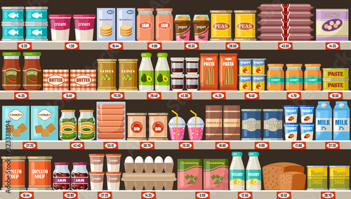 Supermarket, shelves with products and drinks