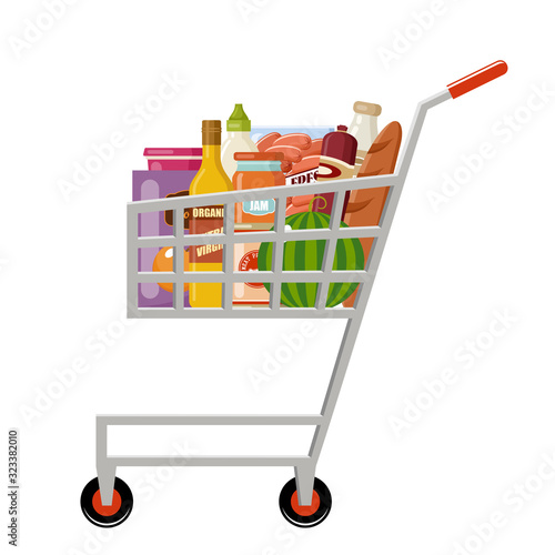 Grocery shopping cart with products. Full supermarket food basket. Supermarket