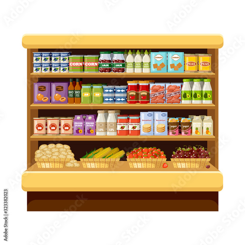 Supermarket, shelves with products and drinks. Store room