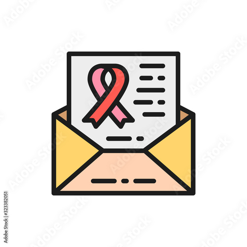 Letter with awareness ribbon, organs transplant, charity flat color line icon.