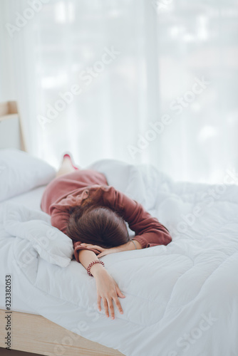 Woman sleeping,Young beautiful Asian woman sleeping on white bed