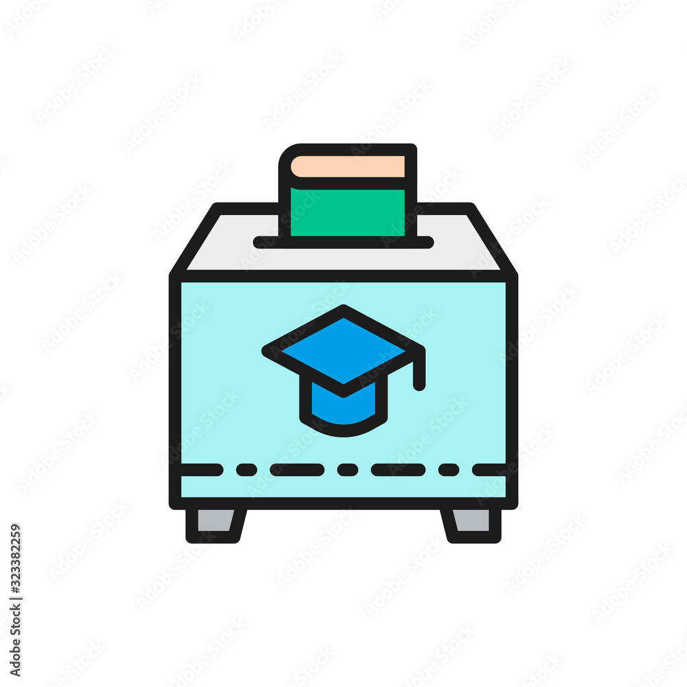 Charity box with book, donation to education flat color line icon. Charity box with book, donation to education flat color line icon.