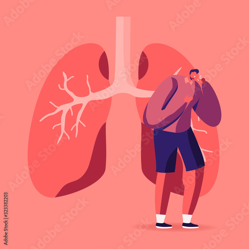 Man Coughing near Huge Diseased Lungs, Pulmonology Inspection, Respiratory System Examination Healthcare and Tuberculosis Treatment Concept. Respiratory Problems Cartoon Flat Vector Illustration