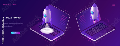 Business start up isometric concept vector illustration. Rocket taking off with fire and smoke, open laptop on ultraviolet background. Spaceship launching purple web page
