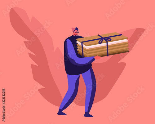 Man Volunteer Carry Pile of Old Used Carton Sheets Collecting Trash for Recycling and Reuse. Environmental Problem, Ecology Protection, Reduce Pollution, Wastepaper Cartoon Flat Vector Illustration