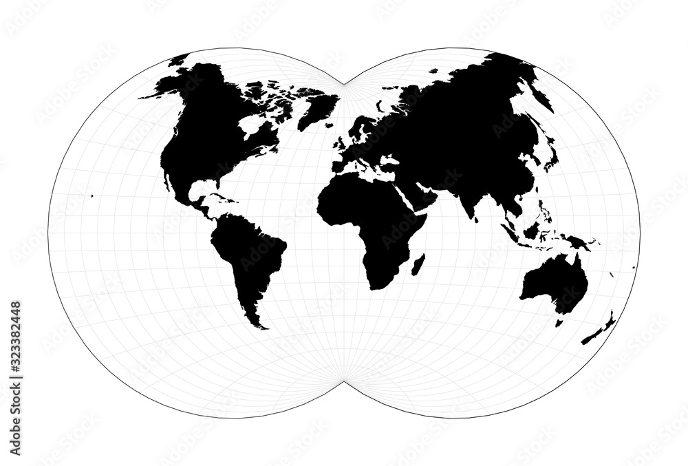 Minimal world map. Van der Grinten IV projection. Plan world geographical map with graticlue lines. Vector illustration.