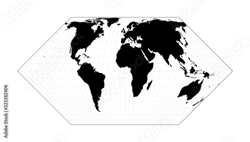 Map of the world illustration. Eckert II projection. Plain world geographical map with graticule lines. Vector illustration.