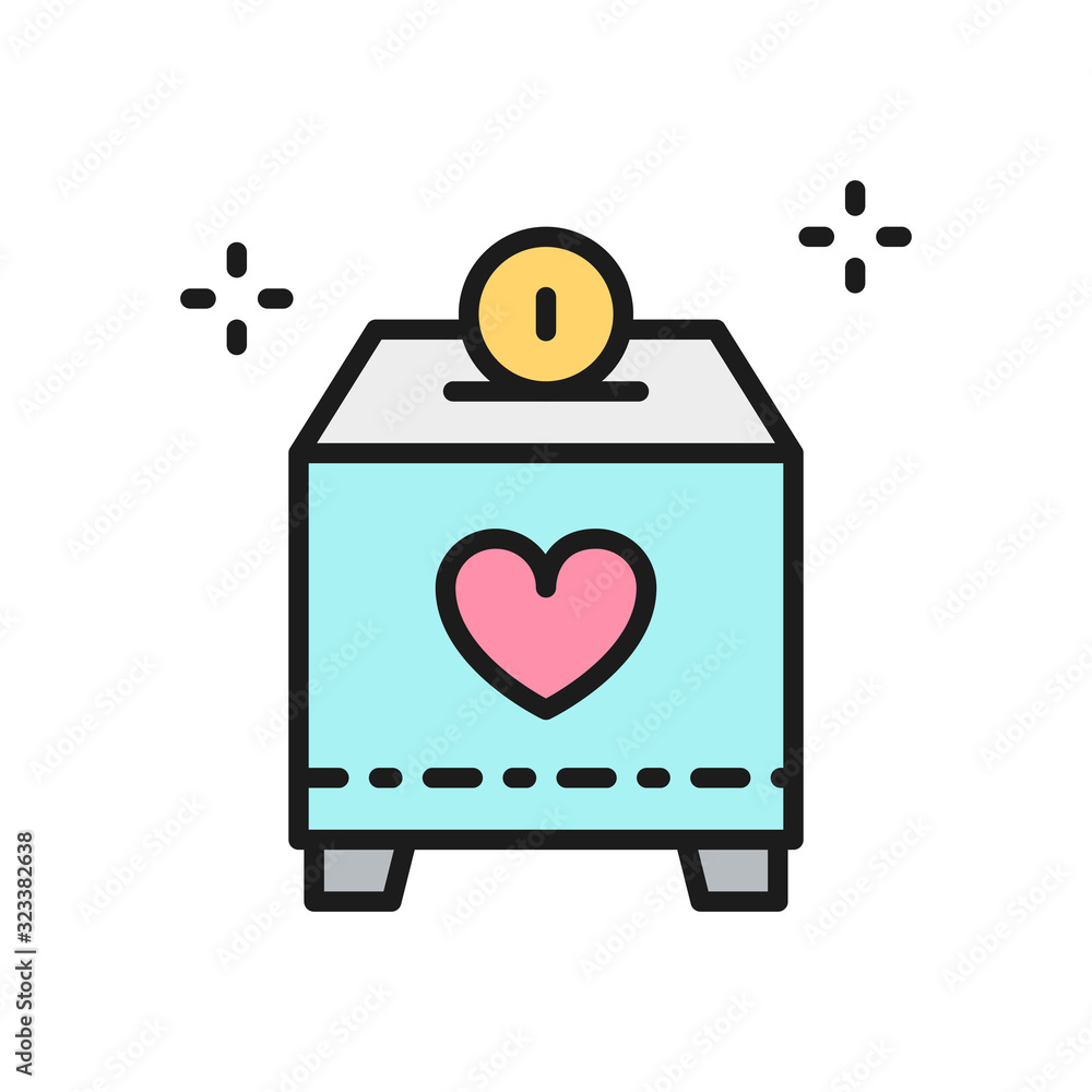 Obraz premium Donate box with money, charity, volunteering flat color line icon.
