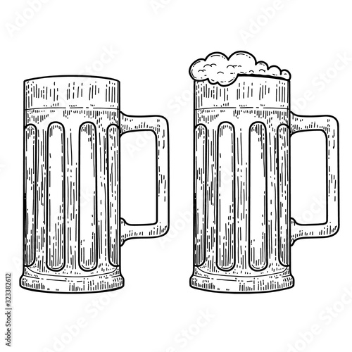 Illustrations of mug of beer in engraving style. Design element for logo, label, emblem, sign. Vector illustration