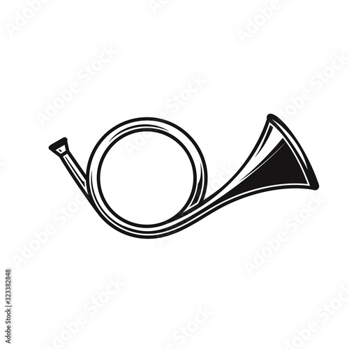 Illustration of hunting horn in engraving style. Design element for logo, label, sign, poster, t shirt. Vector illustration