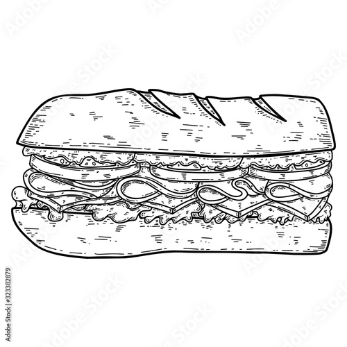 Illustration of sandwich in engraving style. Design element for poster, card, banner, flyer. Vector illustration