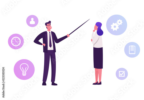 Businessman in Formal Suit Holding Pointer Talking to Businesswoman with Business Icons around. Corporate Education, Presentation, Meeting Kyc, Know Your Customer Cartoon Flat Vector Illustration