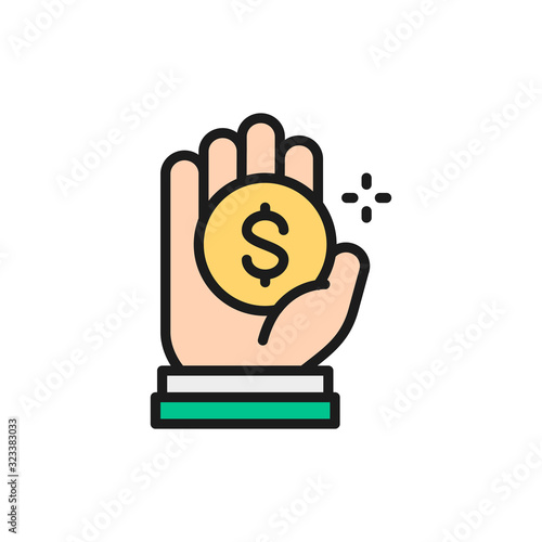 Coin in hand, money donation, charity, volunteering flat color line icon.